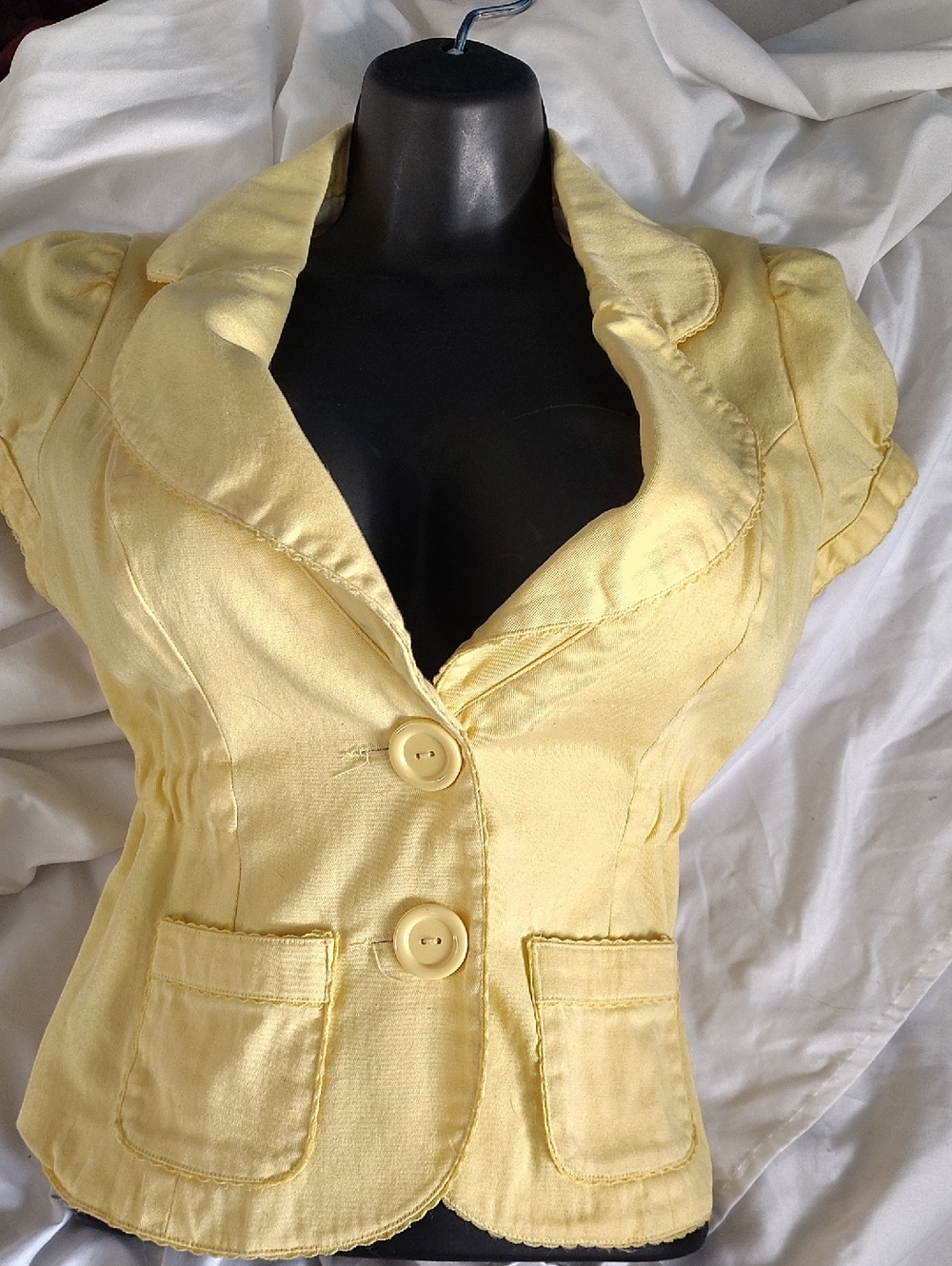 Vintage Anchor Blue Short-Sleeve Yellow Tailored Blazer Beautiful Detail Y2K